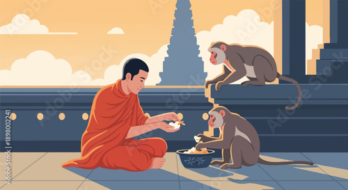 Monastic figure offers food to monkeys in front of ancient temple