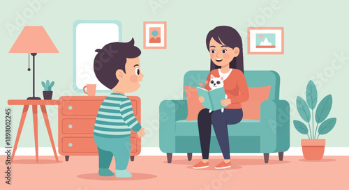 Mom reads a book to her child with a pet cat on her lap