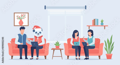 People and a panda in festive attire collaborate on laptops on sofas