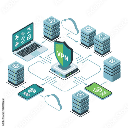 Secure Virtual Private Network Connection Illustration with Devices and Servers.