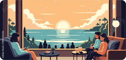 People relax by a window viewing a serene sunset over the ocean