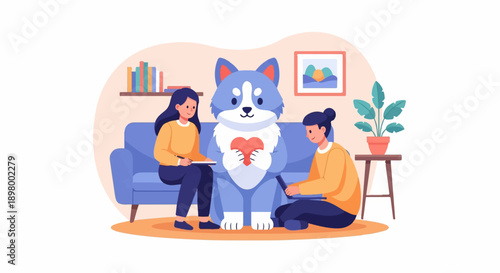 People and a fluffy dog with a heart in a cozy room