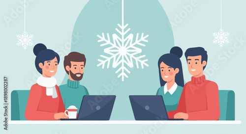 People in winter attire working on laptops in a cafe with festive snowflakes