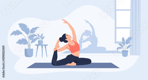 Woman in yoga pose on mat, indoor setting with plants and window