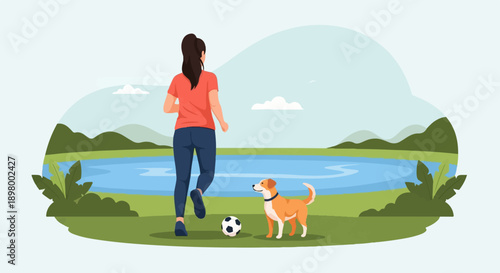 Woman jogging with dog and ball near a lake in nature