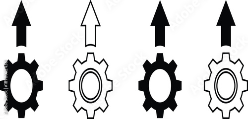 Gear and Arrow Process Icon Set Showing Workflow Progress, Automation, Settings, Optimization, and Upward Direction Symbols for Business, UI, and System Design