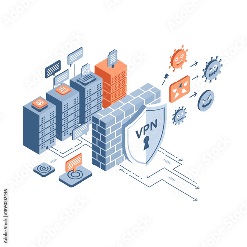Secure Virtual Private Network Protection Concept with Servers and Devices.