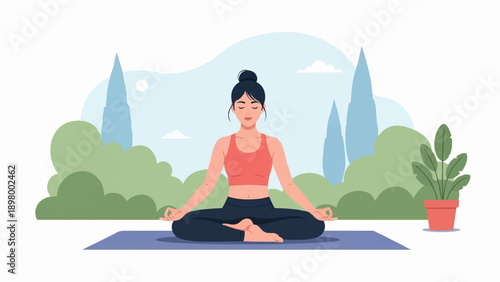 Woman meditates outdoors in lotus pose surrounded by nature