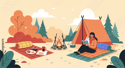Woman reads book with dog by campfire near tent and picnic, autumnal nature