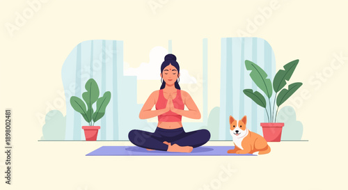Woman meditating peacefully indoors with her dog and plants