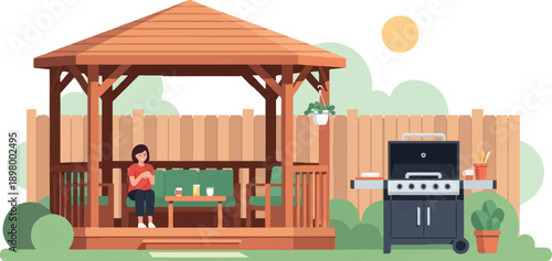 Woman relaxes in gazebo near grill on a sunny day with drinks