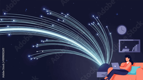 Woman on couch using laptop, data streams flowing from orb