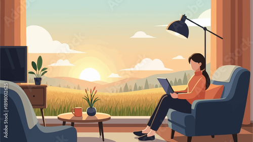 Woman relaxing by window with laptop, enjoying sunset over fields