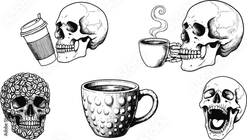 Skull and Coffee Engraving Illustration Set with Gothic Skeletons, Cups, and Dark Caffeine Art for Posters, Apparel, and Branding