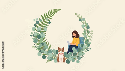 Woman on couch with laptop and dog inside a floral wreath