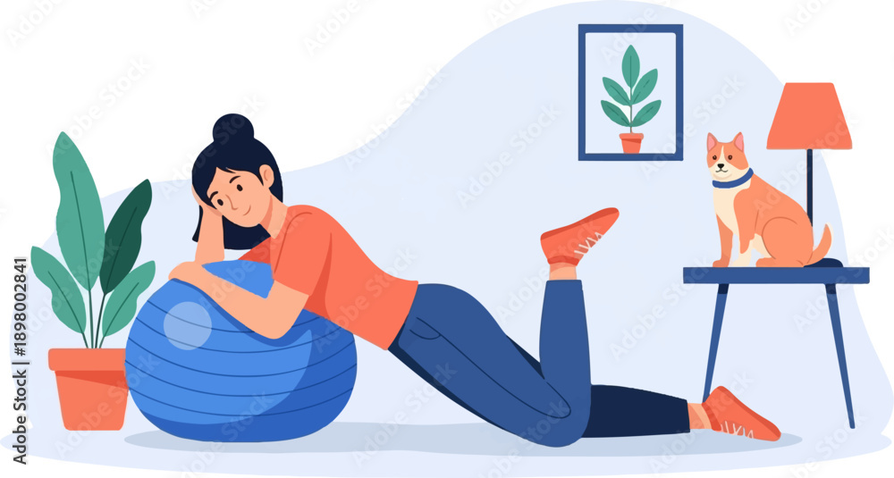 Obraz premium Woman exercising on a ball with dog and plant in a room