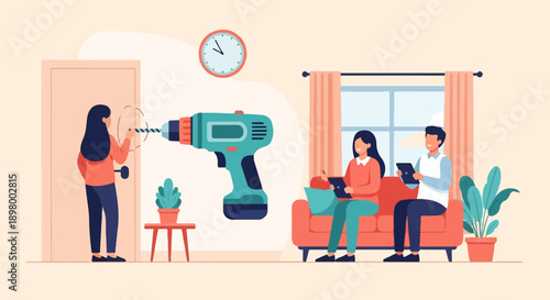 People in home setting with drill, clock, and plants