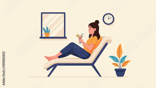 Woman relaxing on chaise lounge with drink and plants in a room