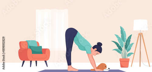 Woman doing yoga with dog in a cozy living room with a plant and lamp
