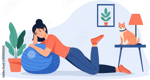 Woman exercising on a ball with dog and plant in a room