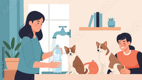Woman filling water bottle near faucet, with two dogs and person on shelf