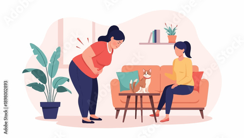 Woman experiencing discomfort while a friend offers support at home