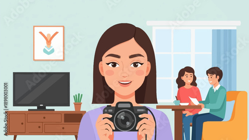 Woman holding camera with couple dining in background