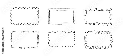 Crayon doodle scalloped frames. Chalk wavy hand drawn borders. Black cute rectangle photo frames with crayon texture. Wavy sketch line mirror borders. Vector illustration isolated on white background.