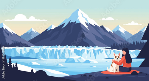 Woman pets dog on red mat with glacial mountains behind