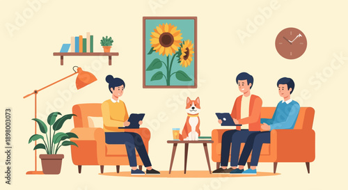 People and dog in a living room with artwork and plants