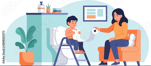Mother and child in bathroom, toilet training with paper roll