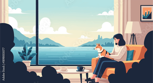 Woman holding dog on couch with ocean view