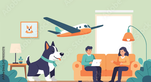 People and dog in a living room with a small plane flying overhead