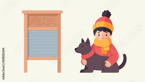 Winter scene of a child in warm clothes with a dog next to a washboard
