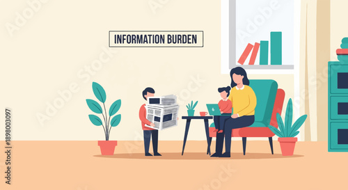 Mother and child on sofa with laptop, boy holds newspaper and plant