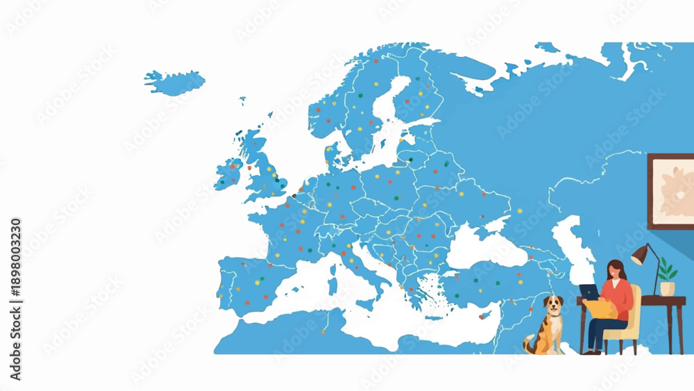 Obraz premium Woman and dog at desk with laptop in front of a map of Europe with dots