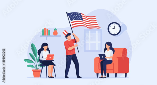 People celebrate with flag and laptops at home