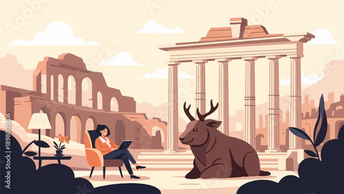 Woman and deer rest near ancient Roman ruins, a peaceful, modern scene