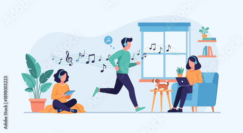 People enjoy music while working, relaxing and exercising at home with dog