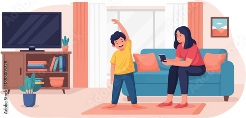Mother and son enjoying indoor activities in a cozy living room