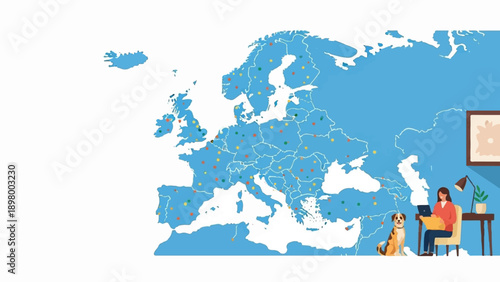 Woman and dog at desk with laptop in front of a map of Europe with dots