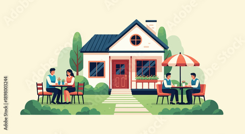 People enjoy outdoor cafe seating at a charming house with a garden