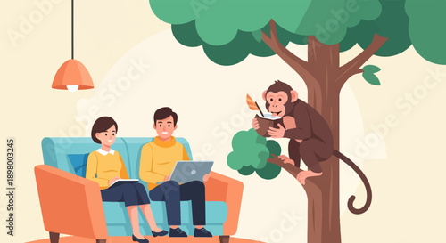 People on couch working with laptop while monkey drinks from coconut in tree