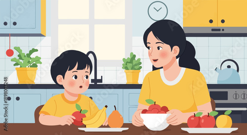 Mother and son in kitchen, sharing fruit, a healthy meal moment