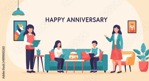 People celebrating an anniversary indoors with a cake and decorations