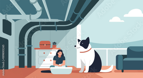 Woman and dog in a room with pipes and furniture