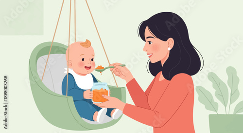 Mother feeding baby food in a swing with a plant in background