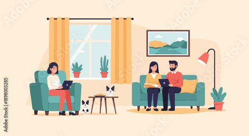 People relaxing indoors with laptops and dogs, enjoying domestic comfort