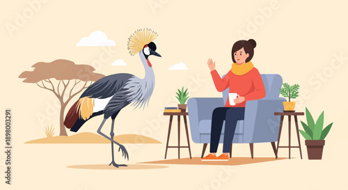 Woman in armchair greets a crowned crane in African savanna setting