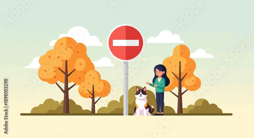 Woman and dog near a no-entry sign in an autumn park